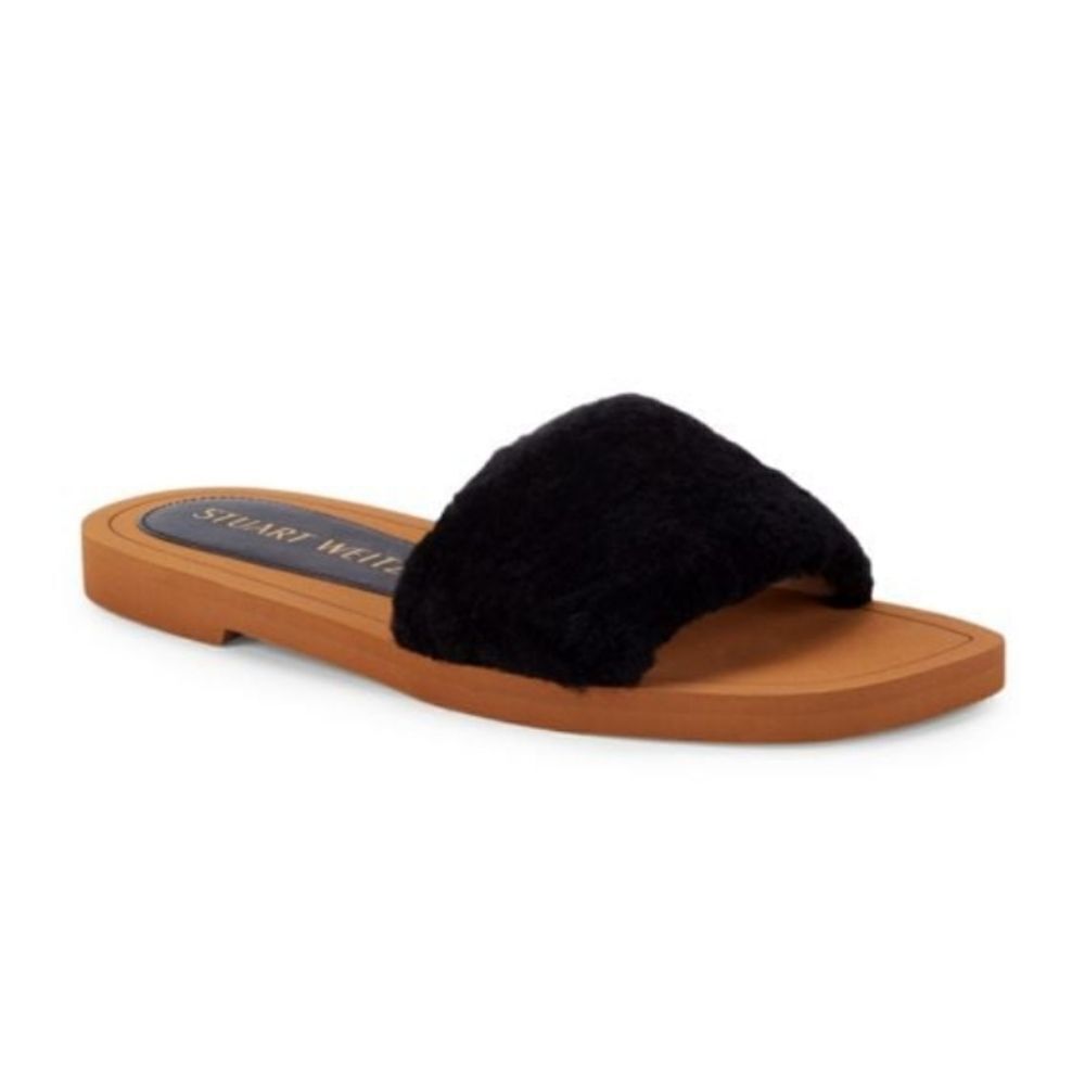 New STUART WEITZMAN Cammy Shearling Slides furry black flip flops 8.5